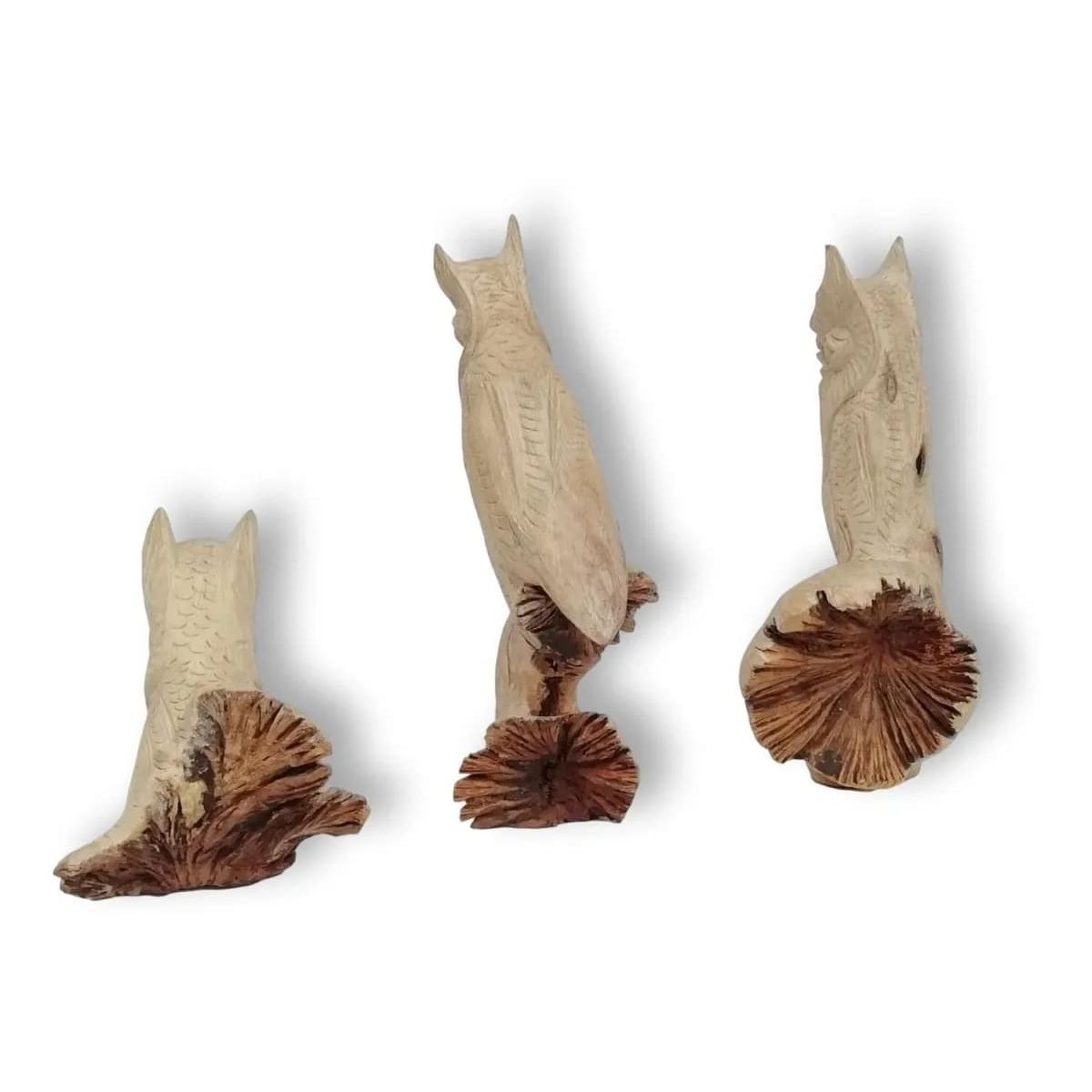Trio De Miniaturas Artesanales De Búhos En Madera