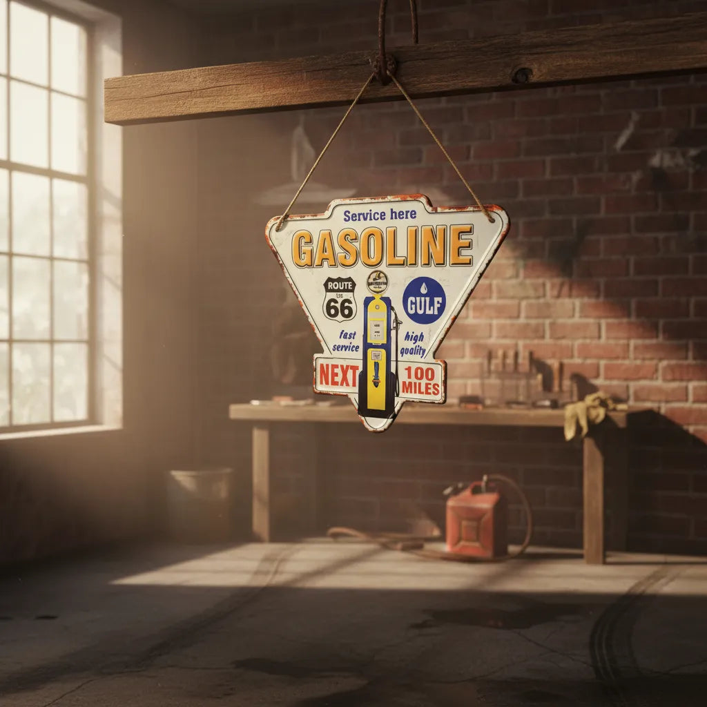 Chapa retro triangular modelo "Gasoline" con relieve