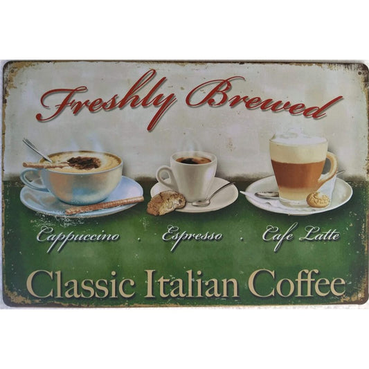 Chapa retro "Freshly Brewed" de 30cm. x 20cm.