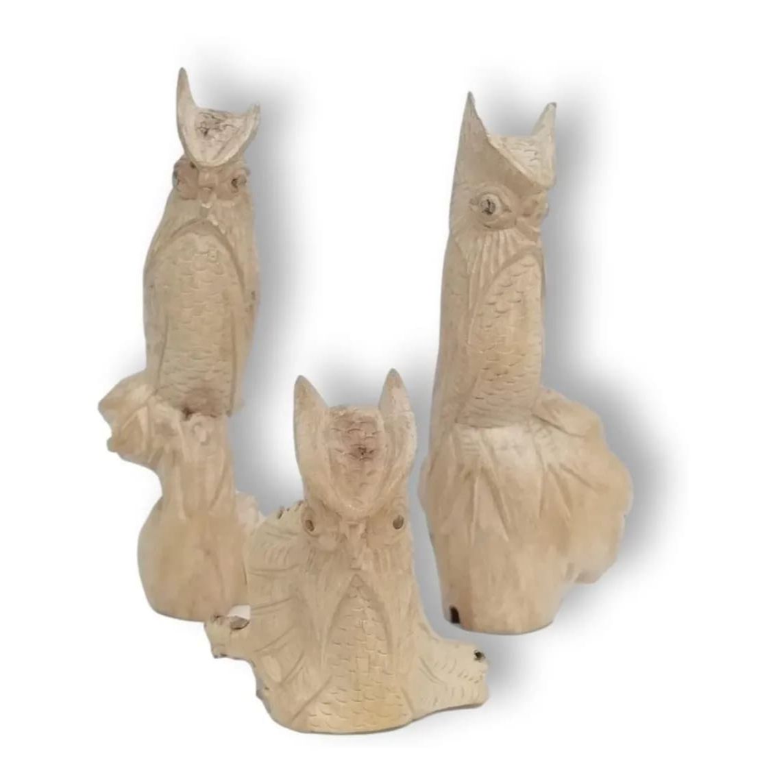 Trio De Miniaturas Artesanales De Búhos En Madera