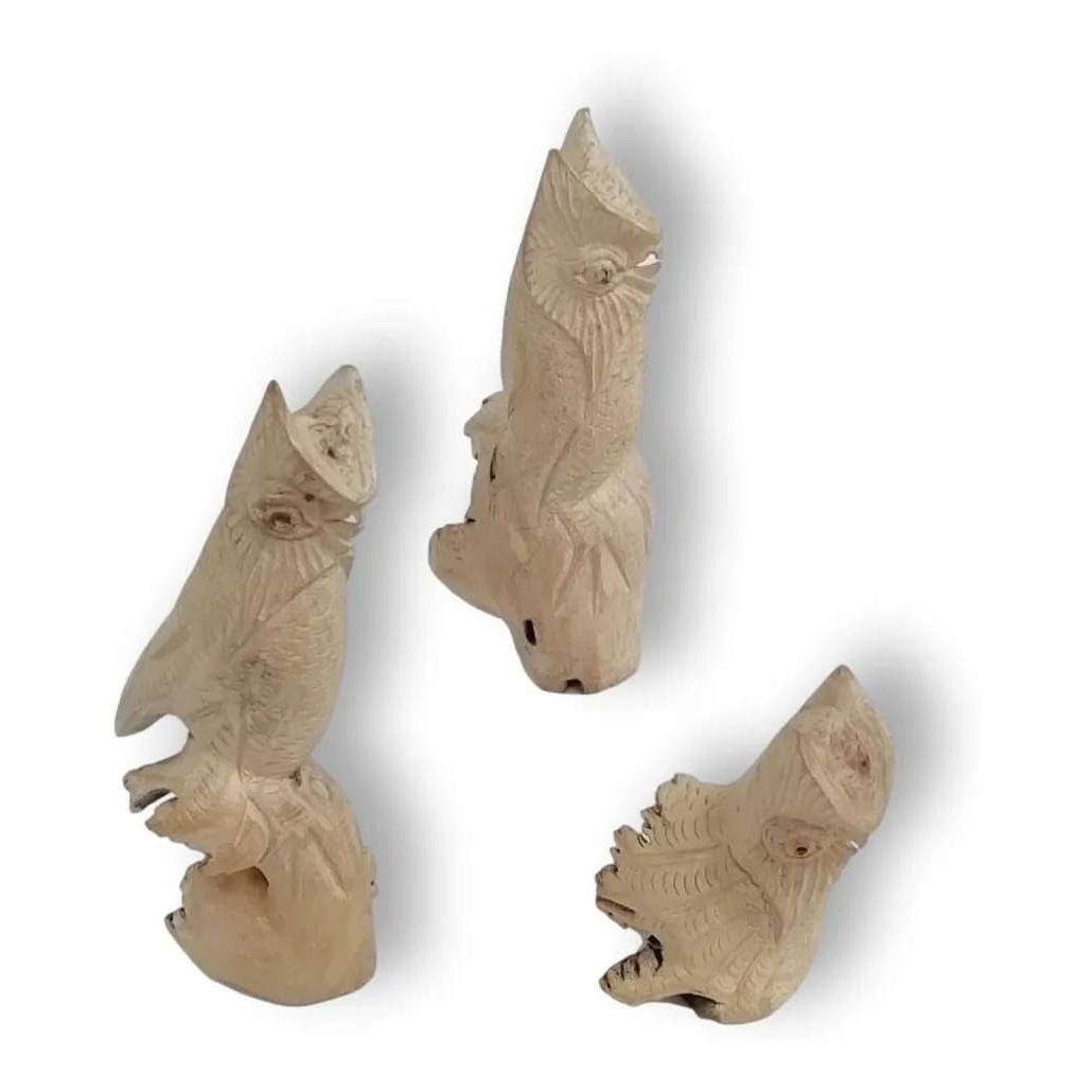 Trio De Miniaturas Artesanales De Búhos En Madera