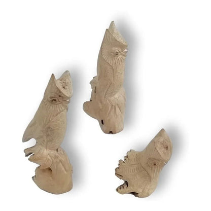 Trio De Miniaturas Artesanales De Búhos En Madera