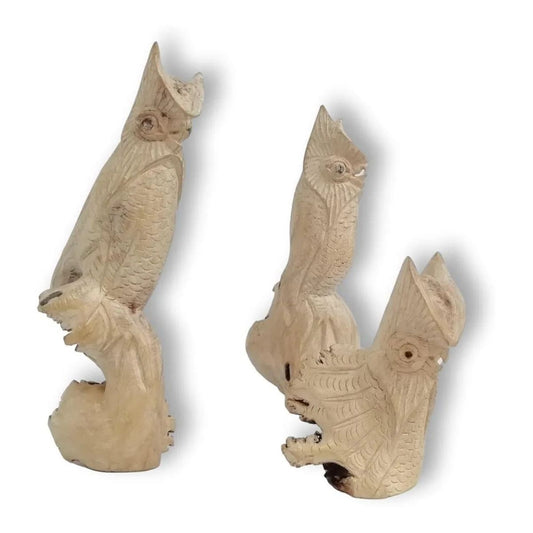Trio De Miniaturas Artesanales De Búhos En Madera
