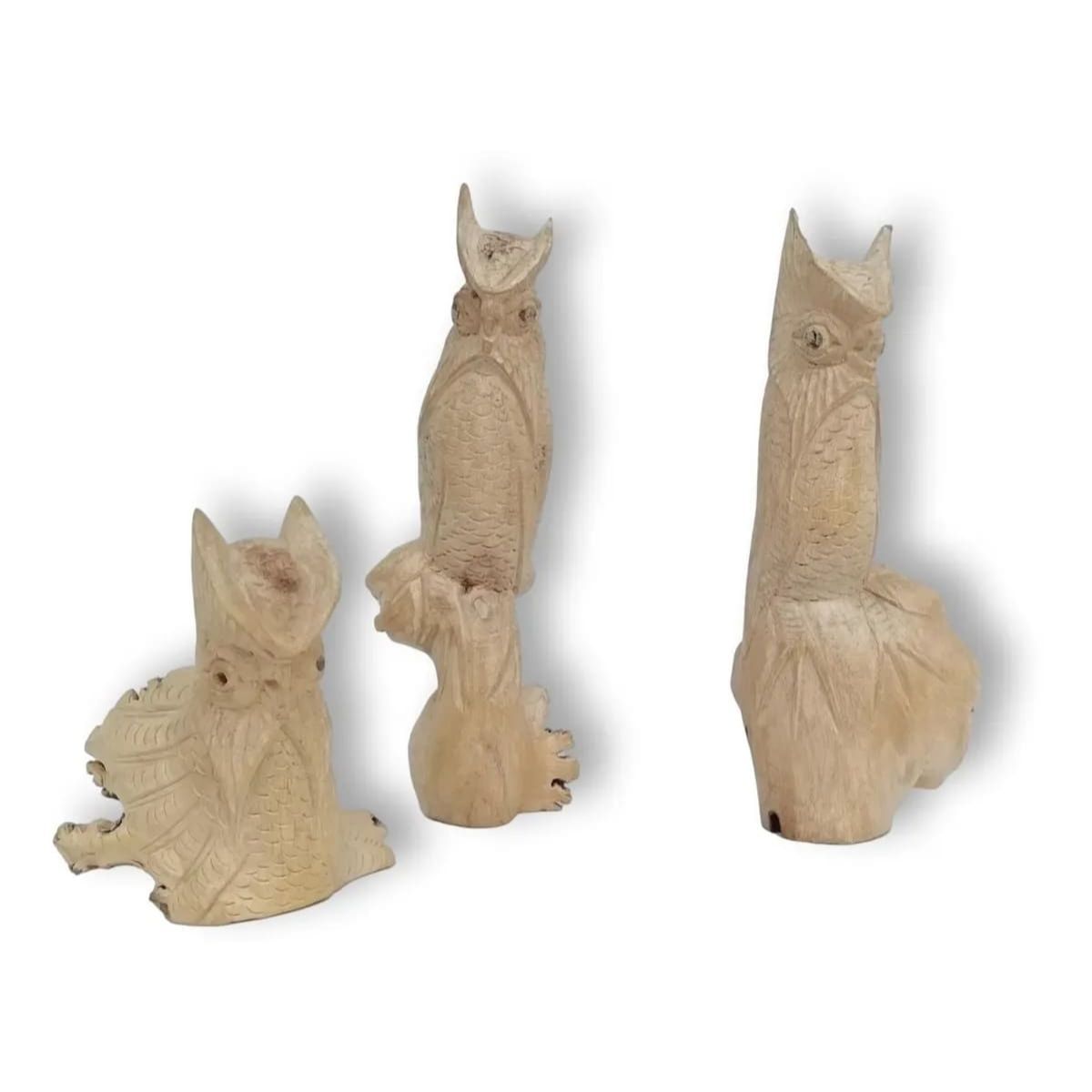 Trio De Miniaturas Artesanales De Búhos En Madera